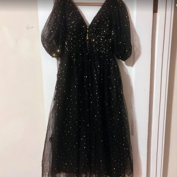 Xijun Women's Sparkly Starry Tulle Puffy Sleeve Prom Dress 8 - Picture 7 of 9